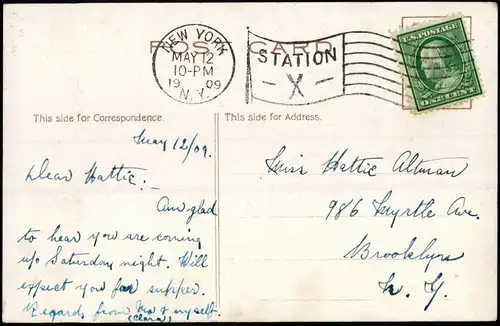 Postcard New York City Metropolitan Life Building Night 1909 gel Flaggenstempel