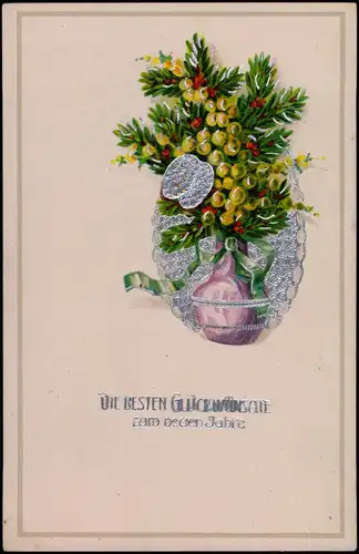 Neujahr Sylvester New Year Blumen mit Silber-Ornamenten 1920 Silberrand