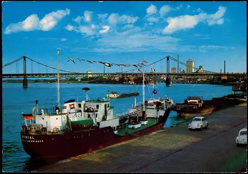 Ansichtskarte Krefeld Crefeld Rheinbrücke, Schiff, VW Käfer 1972