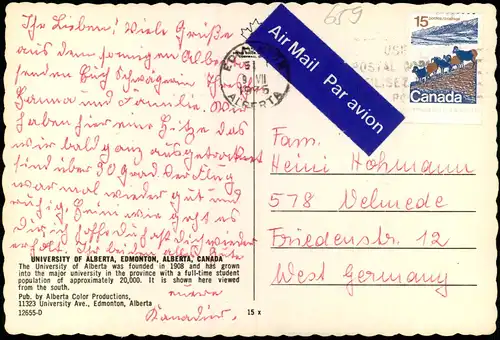 Postcard Edmonton University, City 1975  gel. Air Mail Par Avion