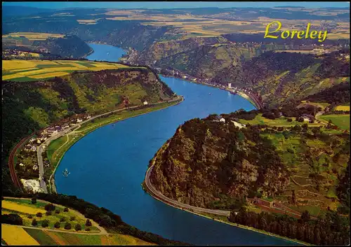 Ansichtskarte St. Goarshausen Luftbild Luftaufnahme mit Rhein & Loreley 1970