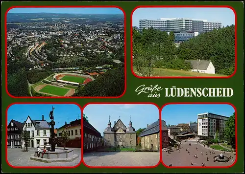 Lüdenscheid Mehrbildkarte mit Ortsansichten u.a. Stadion v. Flugzeug aus 1990