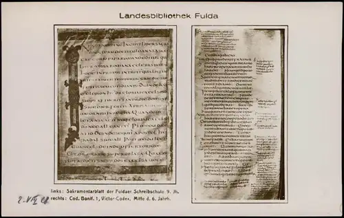 Ansichtskarte Fulda Landesbibliothek Sakramentarblatt - 2 Bild Fotokarte 1932