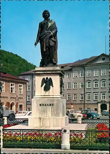 Ansichtskarte Salzburg Mozart-Denkmal, Autos u.a. Volkswagen VW Käfer 1970