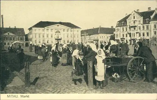 Postcard Mitau Jelgava Елгава Marktplatz, markttreiben 1915