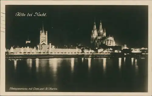 Ansichtskarte Köln Panorama bei Nacht 1928   gel Stempel POSTAMT KÖLN-PRESSA