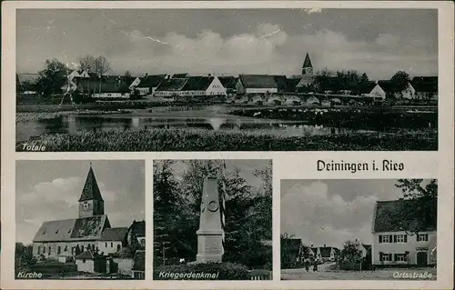 Deiningen Mehrbild-AK mit Totale, Ortsstraße, Kirche, Kriegerdenkmal 1930