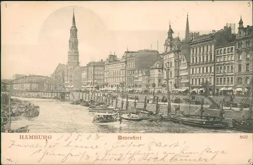 Ansichtskarte Hamburg Dovenfleet 1900   gel   Bahnpost (Bahnpoststempel Zug 3)