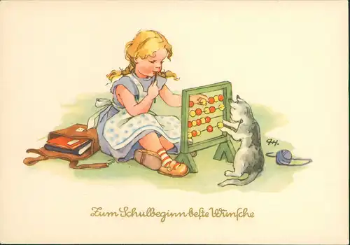 Glückwunsch Schulanfang & Einschulung: Mädchen u. Katze am Rechenschieber 1958