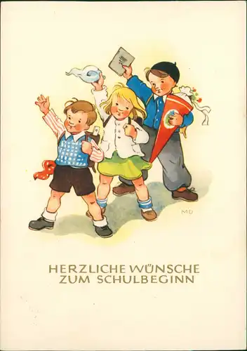 Glückwunsch Schulanfang & Einschulung: Jubelnde Kinder (DDR AK) 1959