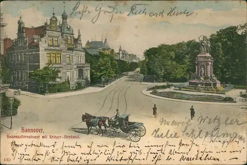 Ansichtskarte Hannover Hohenzollernstrasse mit Krieger Denkmal 1904