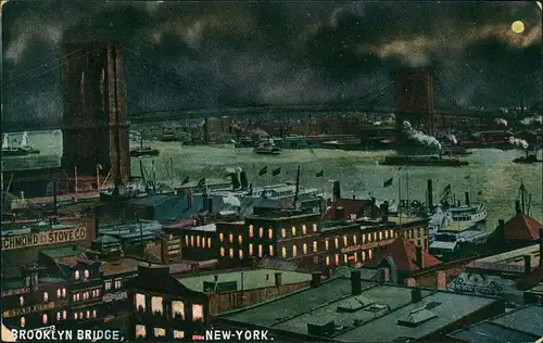 Postcard New York City Brooklyn Bridge by Moon-Light, Schiffe Hafen 1920