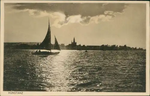 Ansichtskarte Konstanz Segelboot vor der Stadt - Stimmungsbild 1928