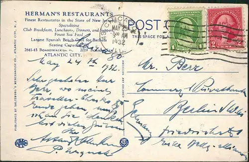Postcard Atlantic City HERMAN'S RESTAURANT 1932