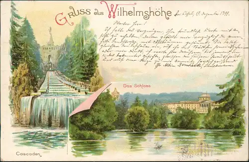 Litho AK Bad Wilhelmshöhe-Kassel Cassel 2 Bild: Cascaden und Schloß 1899