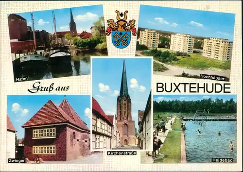 Buxtehude Mehrbild-AK mit Hafen Zwinger Kirchenstraße Heidebad Hochhäuser 1978