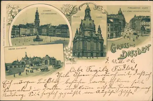 Litho AK Innere Altstadt-Dresden Frauenkirche, Pirnaischer Platz, Bahnhof 1906