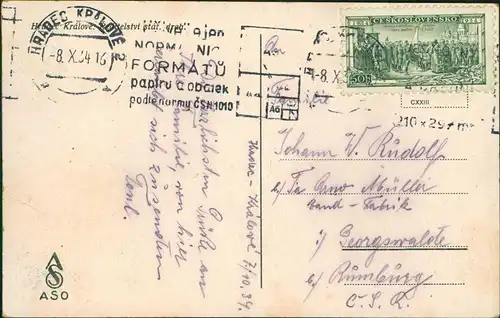 Postcard Königgrätz Hradec Králové Reichsbahn Direktion. 1934 gel. Rollstempel
