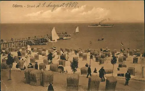 Ansichtskarte Göhren (Rügen) Strandleben, Seebrücke - Dampfer 1908  gel. Stempel