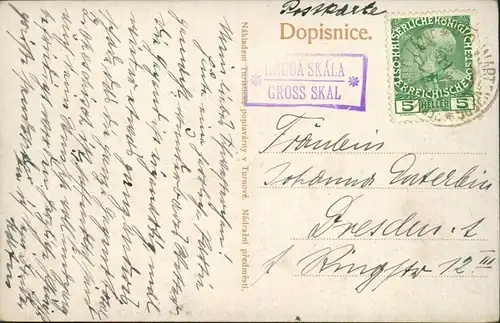 Turnau Turnov Wortstein. Hlavatice 1908  gel. Lanpoststempel Gross Skal KuK