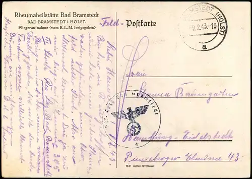 Ansichtskarte Bad Bramstedt Luftbild Rheumaheilstätte 1943  gel. Feldpoststempel WK2