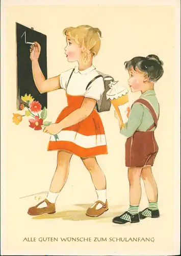 Glückwunsch Schulanfang & Einschulung Kinder an der Tafel i.d. Schule 1959