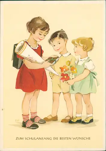 Glückwunsch Schulanfang & Einschulung Kinder mit Zuckertüte u. Geschenk 1959