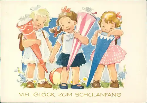Glückwunsch Schulanfang & Einschulung (DDR) Mädchen mit Zuckertüte 1959