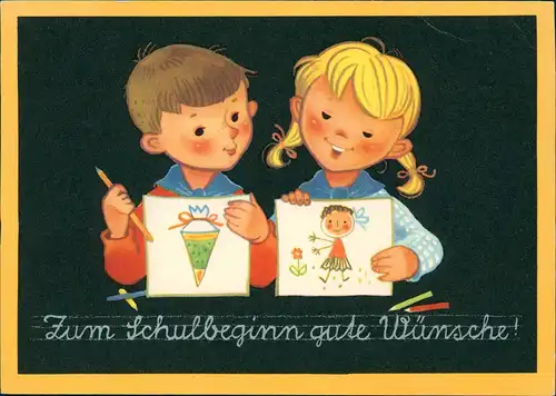 Glückwunsch Schulanfang & Einschulung Kinder beim Malen (DDR Karte) 1958