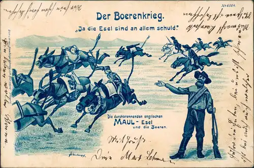 Künstlerkarte Militär DER BOERENKRIEG Burenkrieg Maul-Esel Southafrica Südafrika 1900   gelaufen nach KAMENZ (Ankunftsstempel)