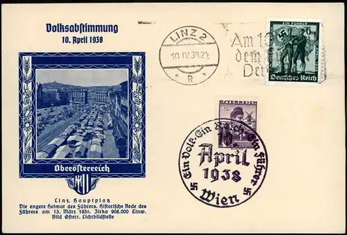 Linz Hauptplatz zur Zeit der Volksabstimmung 1938  mit Propaganda-Sonderstempel