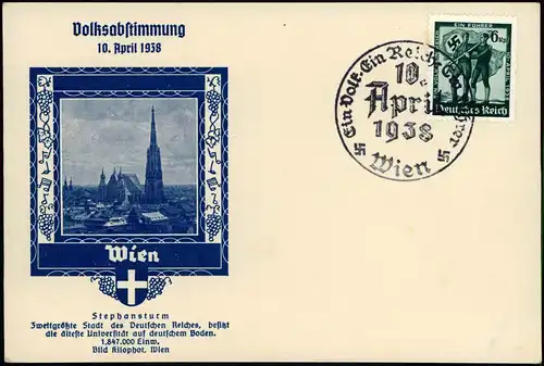 Ansichtskarte Wien Stephanskirche Stephansturm z.Zt. der Volksabstimmung 1938  mit Propaganda-Sonderstempel