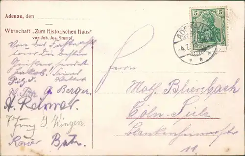 Ansichtskarte Adenau Wirtschaft „Zum Historischen Haus" 1913