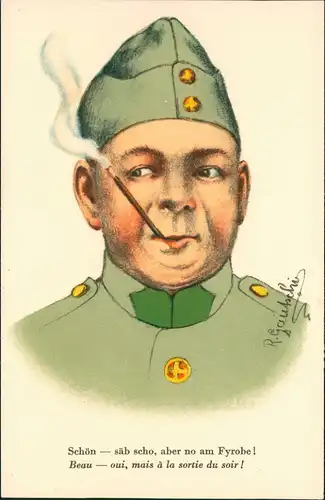 Künstlerkarte  Militär-Bedarf, Aarau rauchender Soldat Schweiz Helvetia 1964