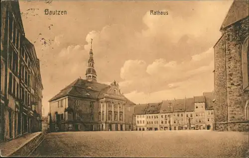 Ansichtskarte Bautzen Budyšin Rathaus und Marktplatz 1912  gel. Stempel