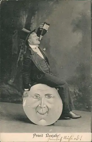Ansichtskarte  Prosit Neujahr New Year Mann mit Flasche auf Mond 1904  Stempel