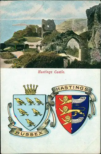 Postcard Hastings Hastings Castle, Sussex, Wappen 1910
