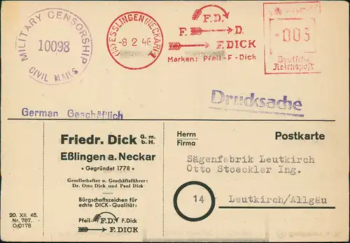 Esslingen  Postkarte Firma Dick GmbH 1946 Zensurstempel Military Censorship