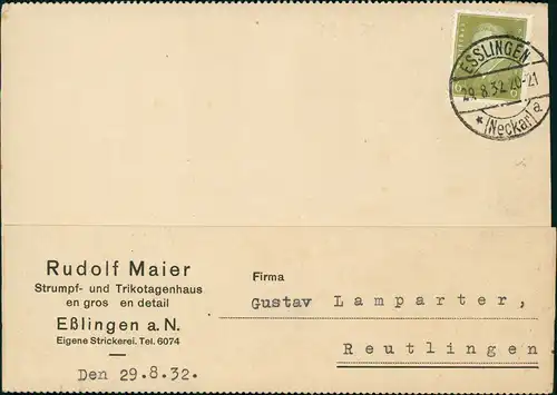 Esslingen Postkarte Strumpf- und Trikotagenhaus Rudolf Maier 1932