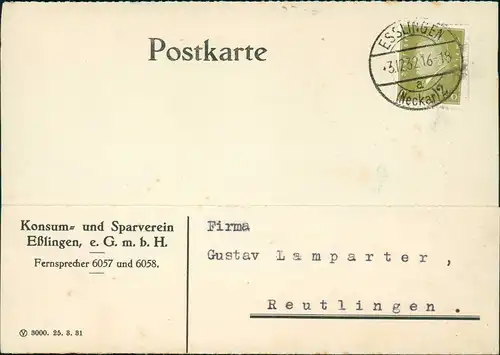 Esslingen Postkarte mit Absender-Eindruck vom Konsum- und Sparverein 1932