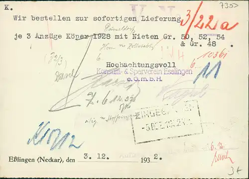 Esslingen Postkarte mit Absender-Eindruck vom Konsum- und Sparverein 1932