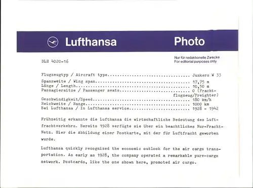 Pressefoto Flugzeug Airplane Avion Lufthansa Junkers W 33 1928/1980