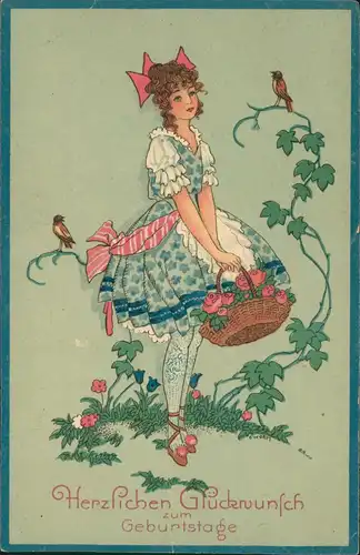 Künstlerkarte Glückwunsch Geburtstag Birthday Mädchen mit Blumen und Vögel 1922