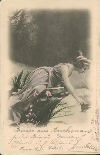 Ansichtskarte    schöne Frau beim Wasser holen 1904  gel. Stempel Reichenau