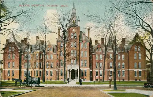 Postcard Detroit Harper Hospital, Pferdekrankentransport 1908