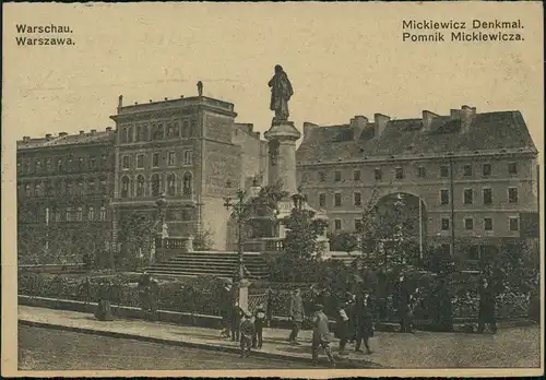 Postcard Warschau Warszawa Pomnik Mickiewicza. 1916  gel. FELDPOST