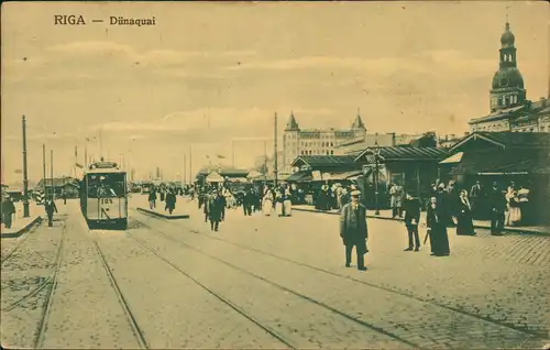 Postcard Riga Rīga Ри́га Dünaquai, Straßenbahn 1918  gel. Feldpoststempel WK1