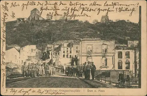 CPA Dun-sur-Meuse Maas Soldaten auf der Brücke 1915  gel. Feldpoststempel WK1