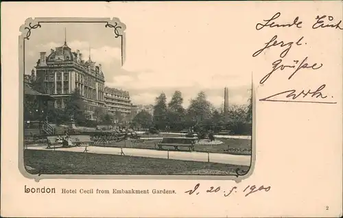 Postcard London Hotel Cecil from Embankment Gardens 1902