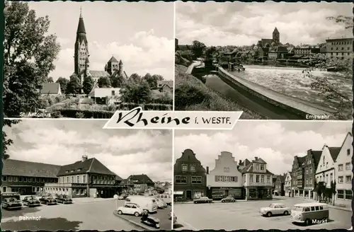Ansichtskarte Rheine Emswehr, Bahnhof, Markt - VW Käfer u Bulli 1967